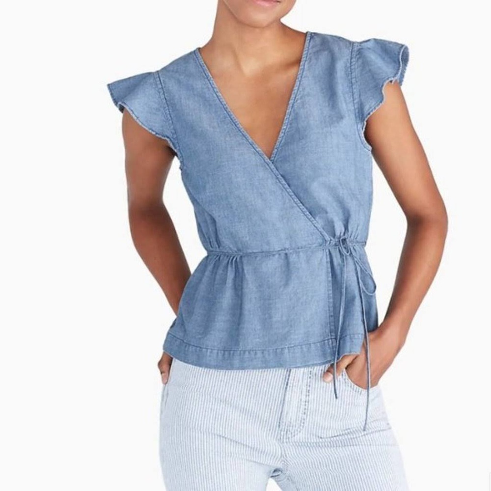 J. CREW FACTORY Chambray Ruffle Sleeve Wrap Top